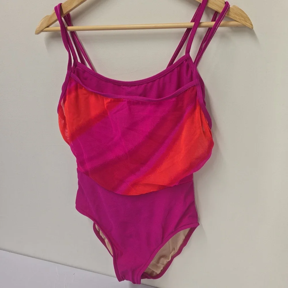 Retro Slim-A-Size‎ Vintage One Piece Swimsuit Pink Orange Mesh Overlay Size 6